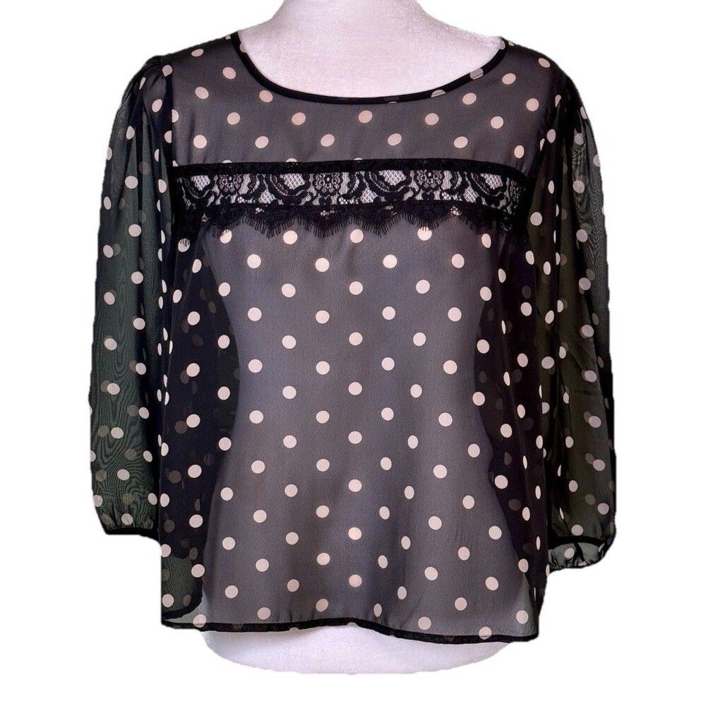 Women Romantic Sheer Polka Dot Lace Blouse 3/4 Sleeve Flowy Dressy Feminine Sz M